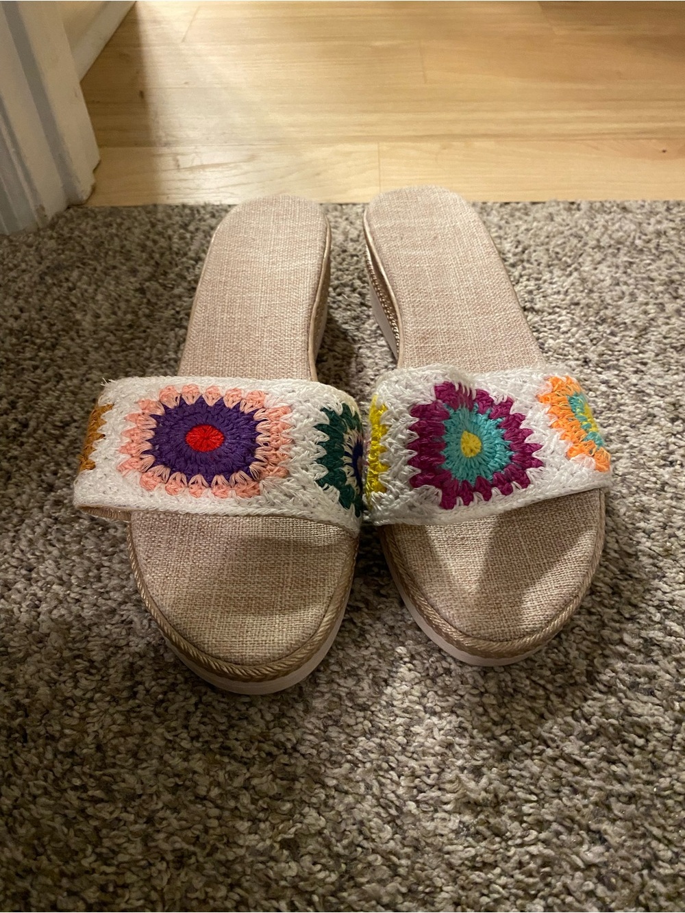 Neutral Crochet Slide Sandals with Multicolor Accents